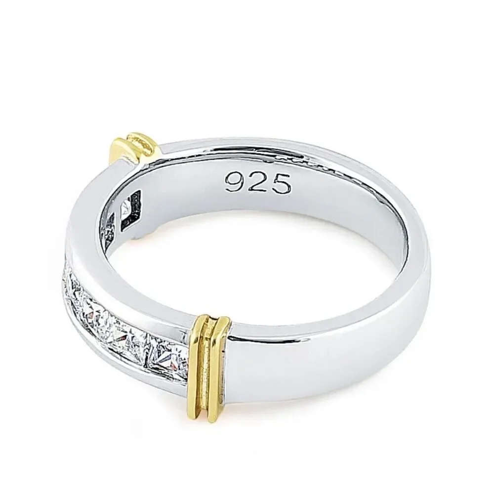 Sterling Silver Men's Two Tone Yellow Gold Wedding Band CZ Ring New